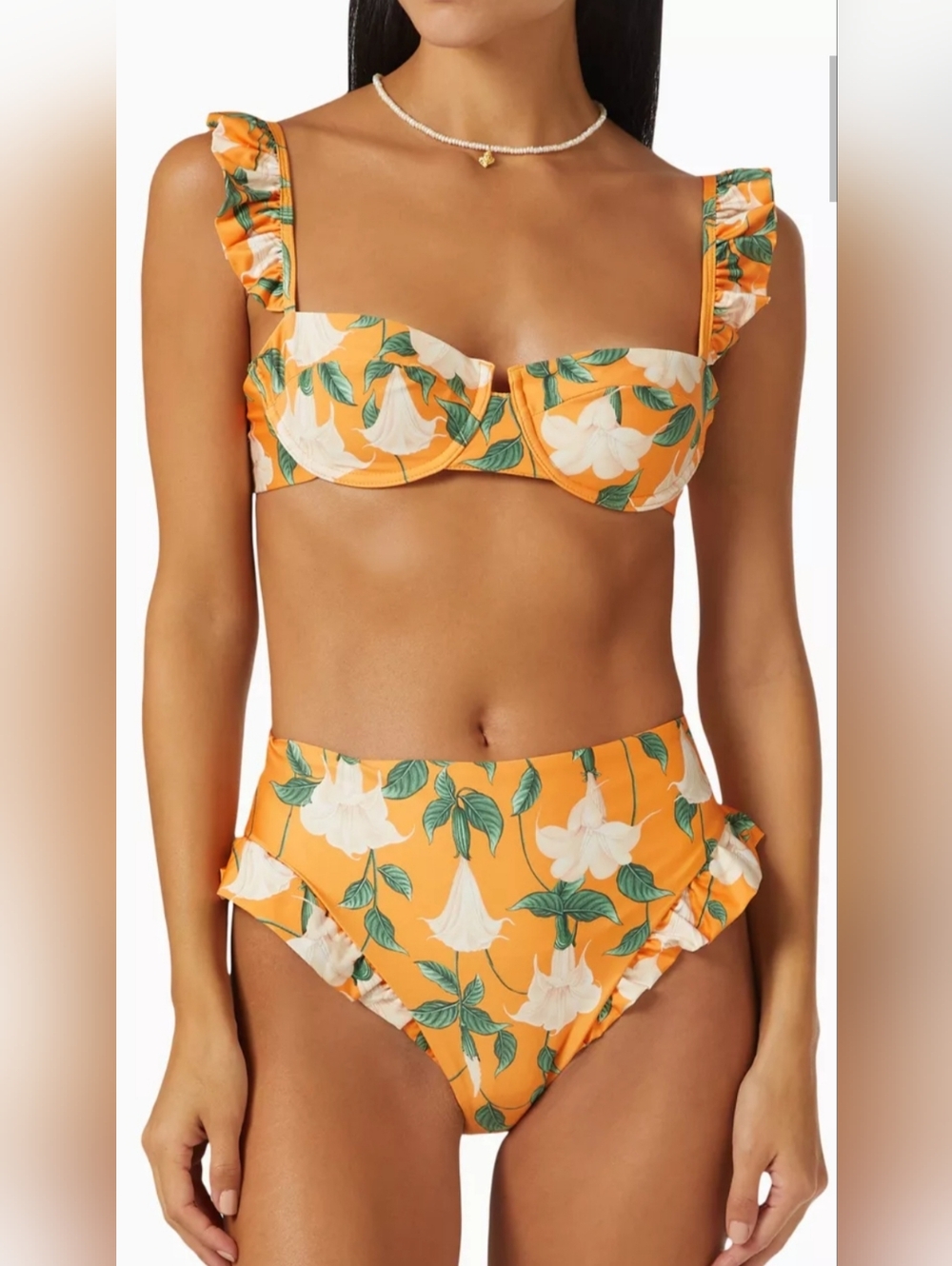 Agua by Agua Bendita Orange Floral Ruffled High-Waist Bikini